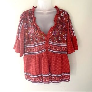 Red & Purple Floral Motif Flutter Sleeve Peasant Blouse Size Large